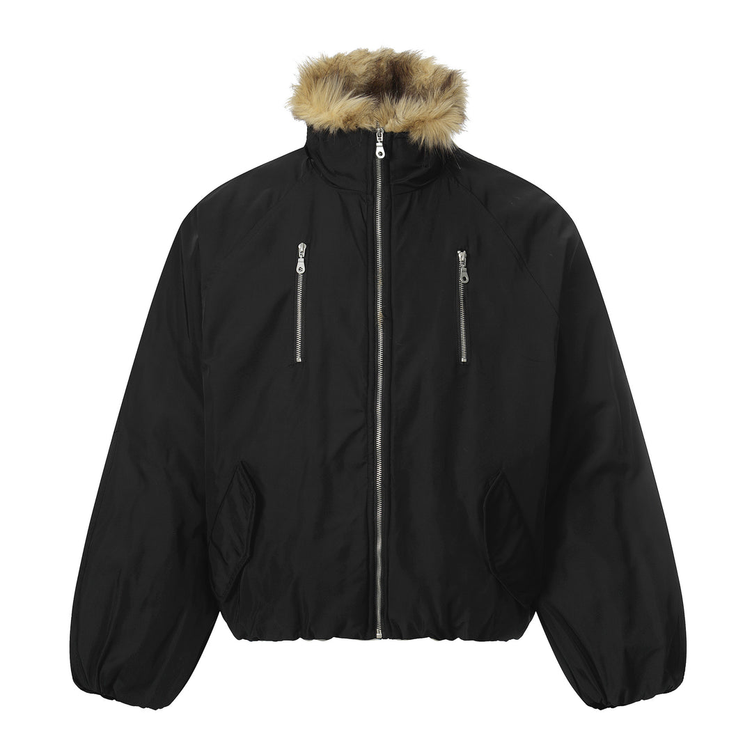Herren Kurz geschnittener Boxy-Pufferjacke mit Kunstfellkapuze und vertikalen Reißverschlusstaschen Shop Nory