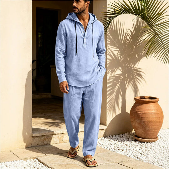 Herren Lässiges Leinen-Look Freizeit-Set mit Kapuzenhemd und weiten Hosen Shop Nory
