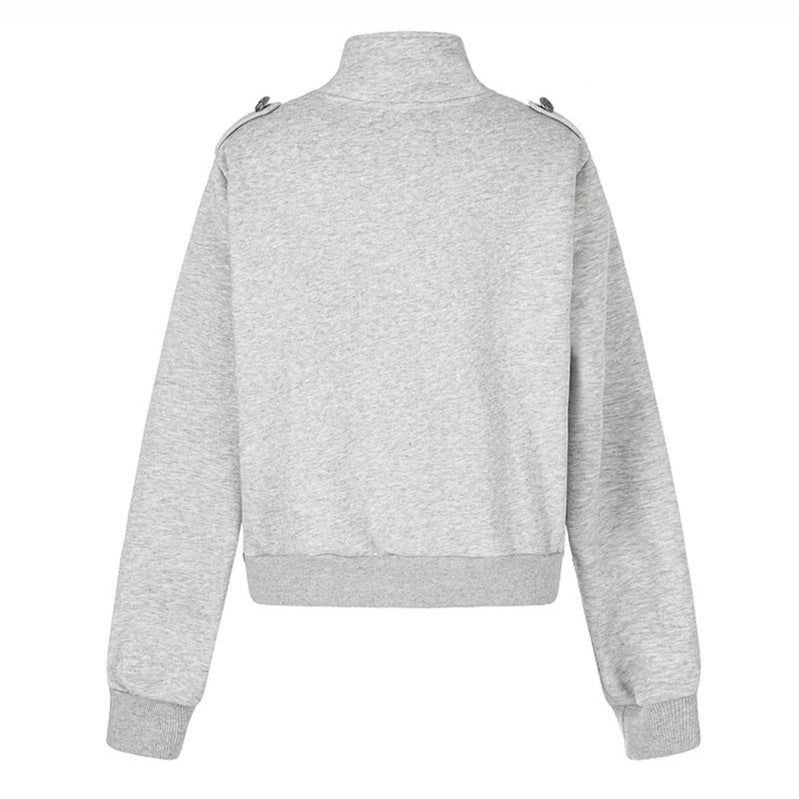 Damen kurze Sweatjacke mit Stehkragen, Doppelknopf-Detail und Reißverschluss Shop Nory