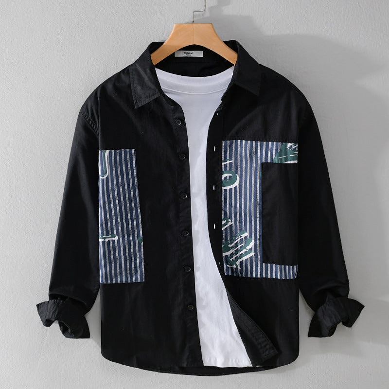 Herren Casual-Overshirt aus Baumwollpopeline mit gestreiften Patch-Einsätzen und Pinselprint Shop Nory
