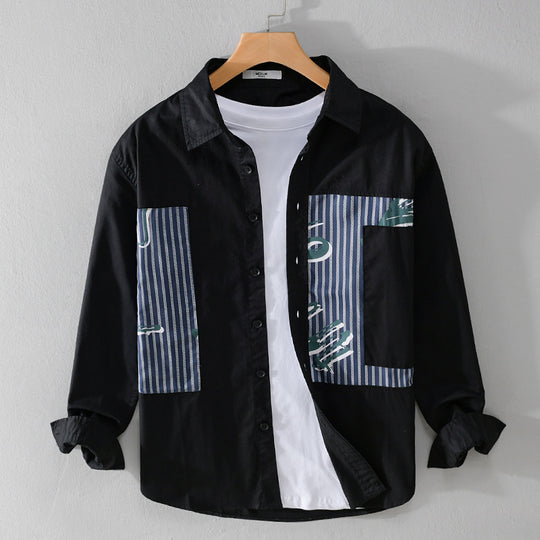 Herren Casual-Overshirt aus Baumwollpopeline mit gestreiften Patch-Einsätzen und Pinselprint Shop Nory