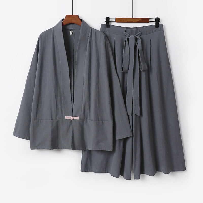 Damen Zen-inspiriertes Kimono-Set aus fließender Viskose mit kurzer Jacke und weiter Culotte-Hose Shop Nory