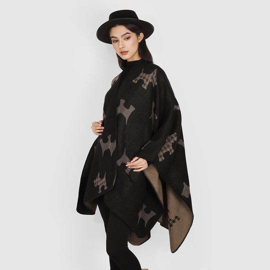 Damen Oversize-Poncho mit jacquardgewebtem Terrier‑Motiv und kontrastiertem Innenfutter Shop Nory