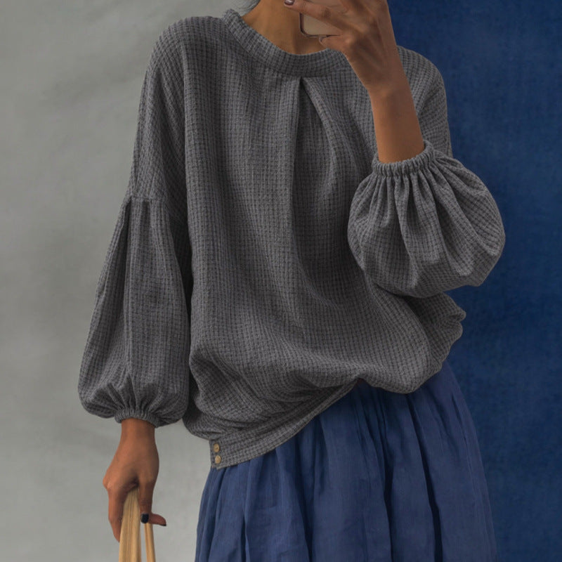 Damen Oversize Waffelstrickpullover mit Ballonärmeln und Kellerfalte Shop Nory