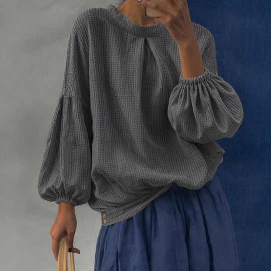 Damen Oversize Waffelstrickpullover mit Ballonärmeln und Kellerfalte Shop Nory