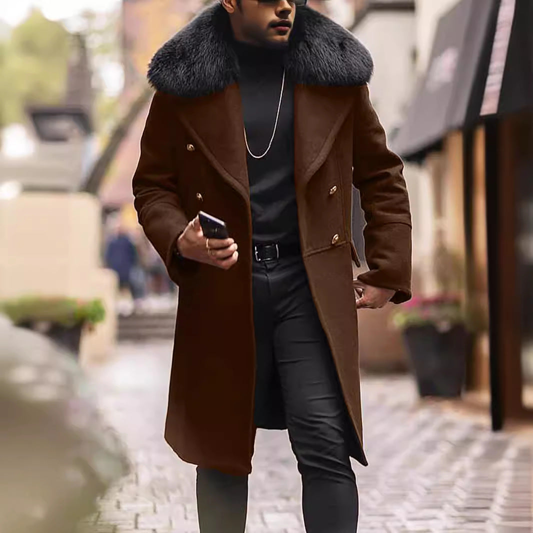 Herren Doppelreihiger Wollmantel mit großem Kunstfellkragen Shop Nory