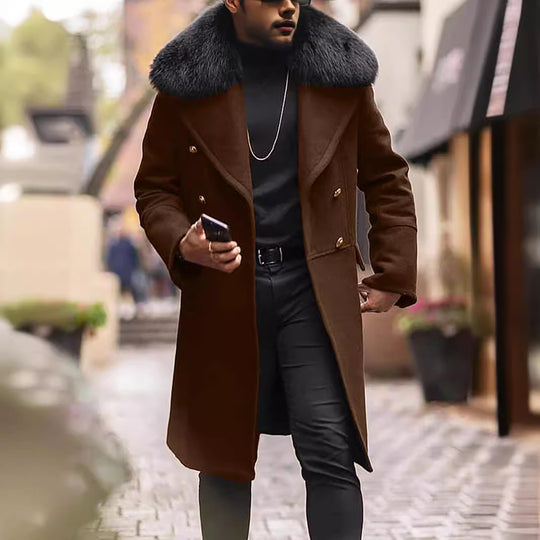 Herren Doppelreihiger Wollmantel mit großem Kunstfellkragen Shop Nory