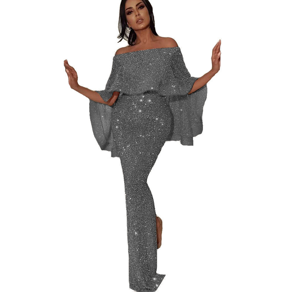 Damen Glitzerndes Abendkleid mit Offshoulder-Design und Rüschendetails