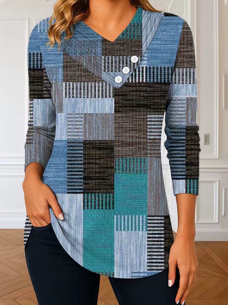 Damen Langarm-Tunika mit asymmetrischem V-Ausschnitt, Zierknopfleiste und kariertem Patchworkmuster Shop Nory