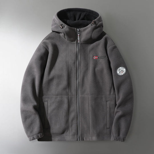 Herren Microfleece-Outdoorjacke mit Kapuze, windabweisender Struktur und Logo-Patch Shop Nory