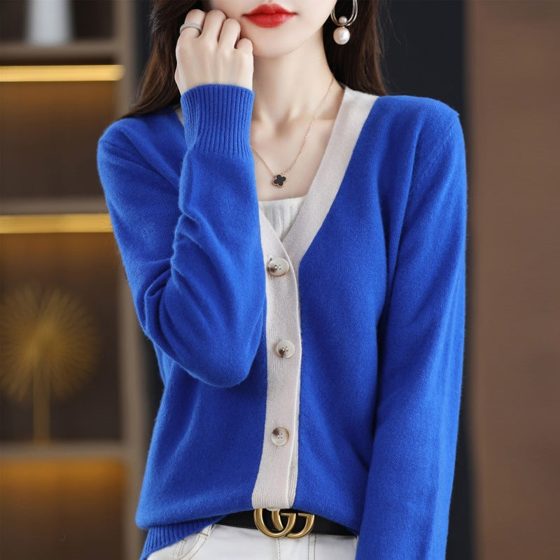Damen Kontrastbesetzter V‑Neck-Feinstrickcardigan mit Perlmuttknöpfen Shop Nory