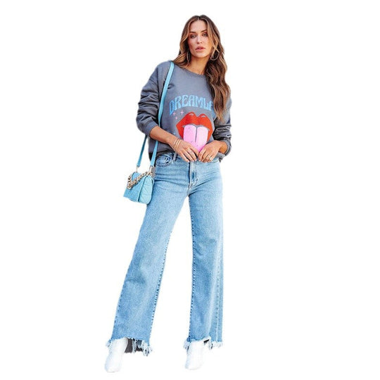 Damen Weite Jeans mit fransigem Saum und modischem Schnitt Shopnory