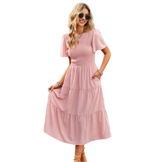Damen Midikleid mit schwingendem Rüschensaum und elastischem Oberteil Shopnory