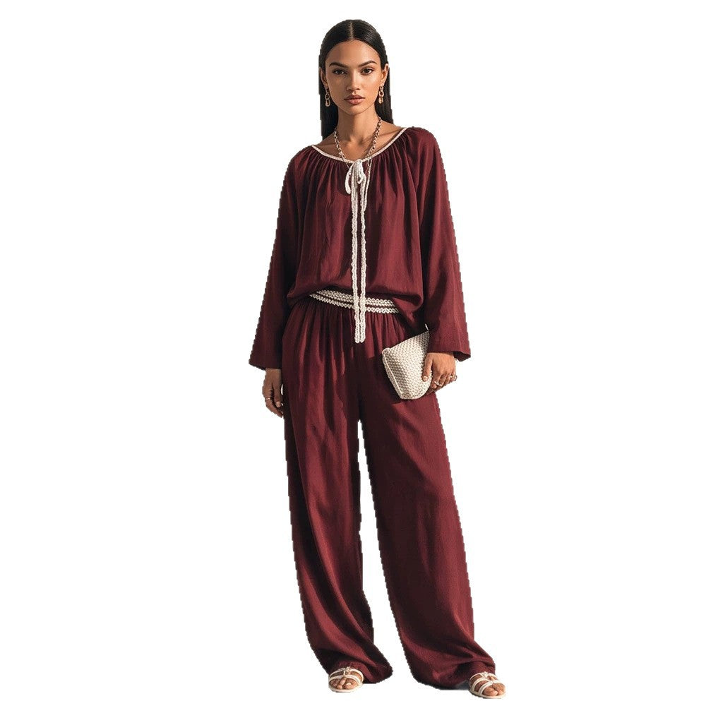 Damen Fließendes zweiteiliges Loungewear-Set aus Seidenoptik mit weiter Palazzohose und geraffter Tunika Shop Nory