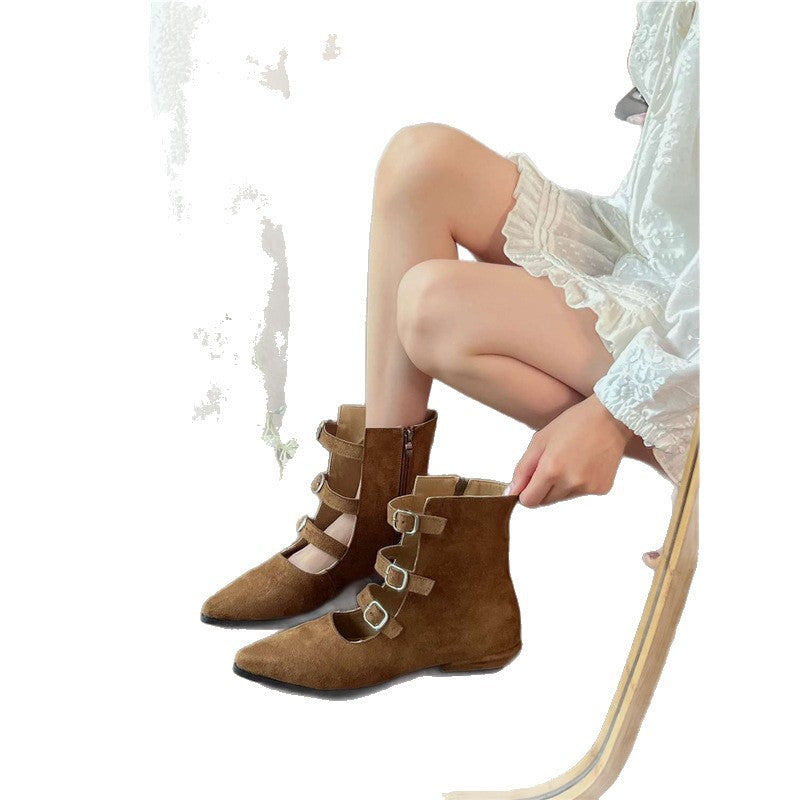 Damen spitz zulaufende Ankle-Boots mit Veloursoptik, vier verstellbaren Riemchen und niedrigem Absatz Shop Nory