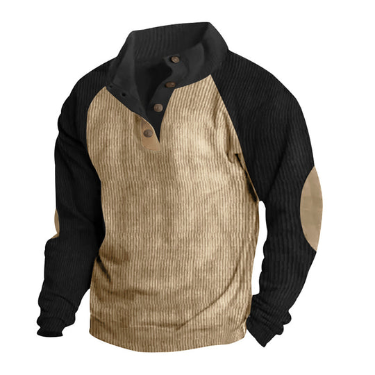 Herren Strukturiertes Raglan-Henley-Pullover mit Stehkragen, Ellenbogenpatches & Knopfleiste Shop Nory
