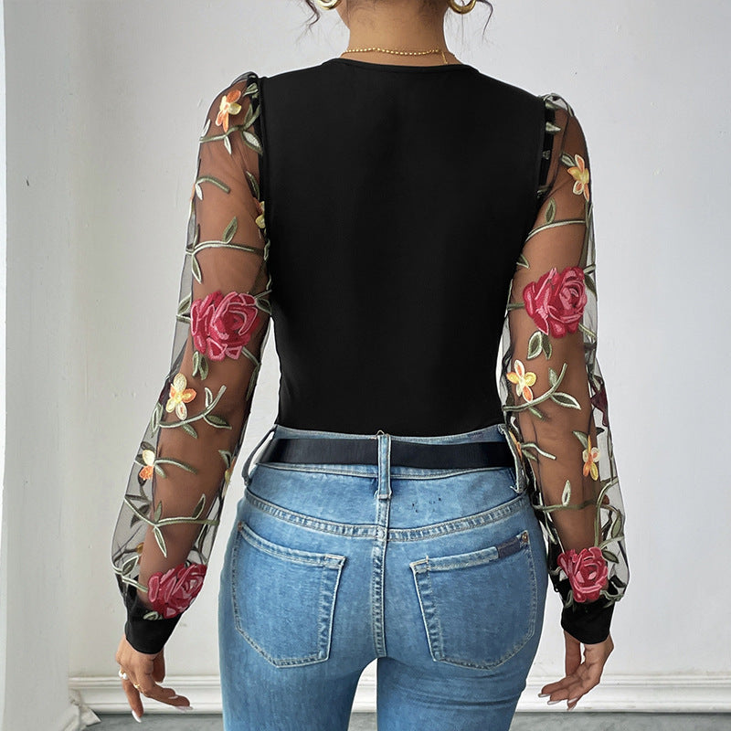 Damen Bestickter Mesh-Body mit V-Ausschnitt, figurformendem Rumpf und transparenten Blumenärmeln Shop Nory