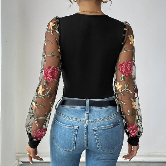 Damen Bestickter Mesh-Body mit V-Ausschnitt, figurformendem Rumpf und transparenten Blumenärmeln Shop Nory