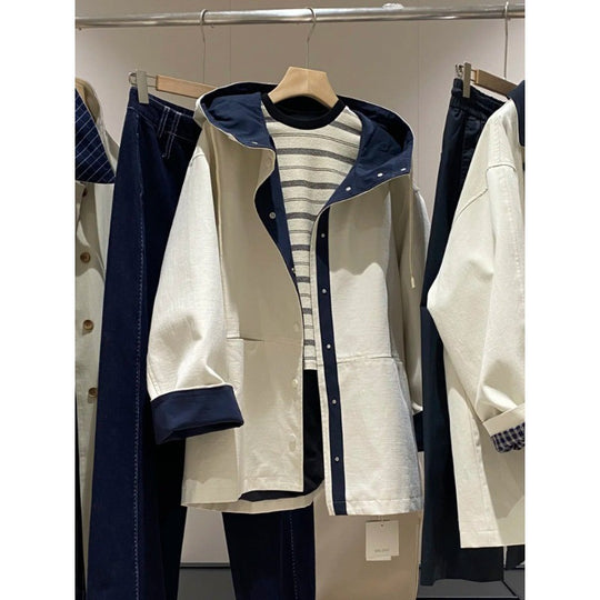 Unisex Oversized utilitarischer Trenchcoat mit kontrastiertem Innenfutter und Kapuze Shop Nory