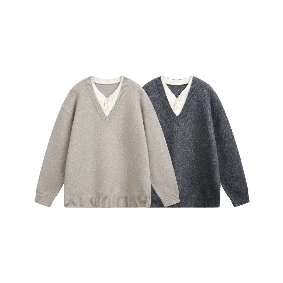 Damen Oversize V Neck Strickpullover mit Henley-Optik und gerippten Bündchen Shop Nory