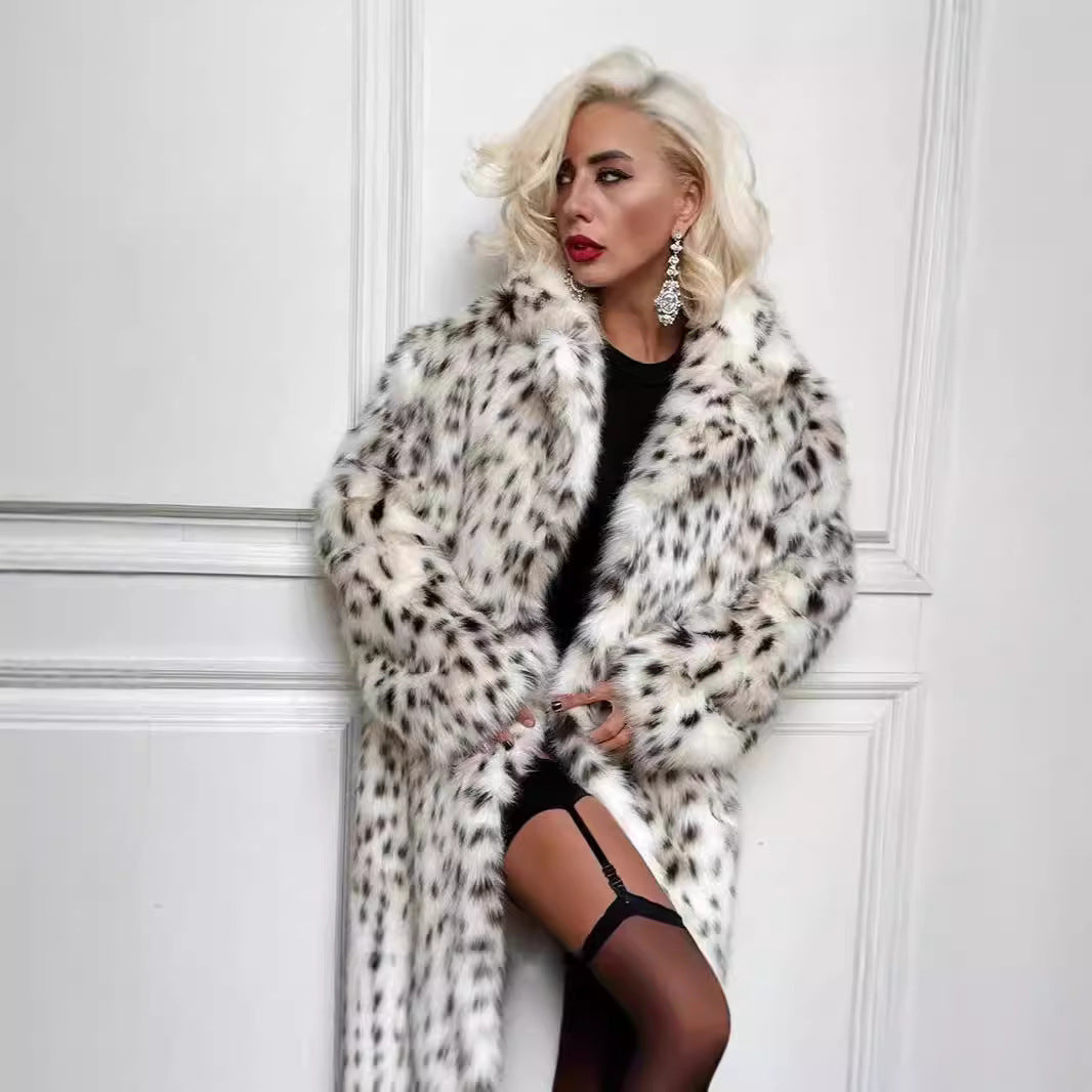 Damen langer Oversize Kunstpelzmantel mit Leopardenmuster und breitem Revers Shop Nory