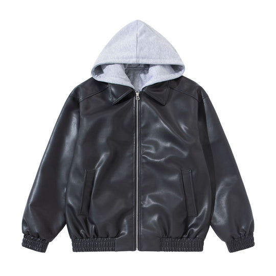 Herren Boxy-Lederblouson mit angenähter Jersey-Kapuze und geripptem Saum Shop Nory