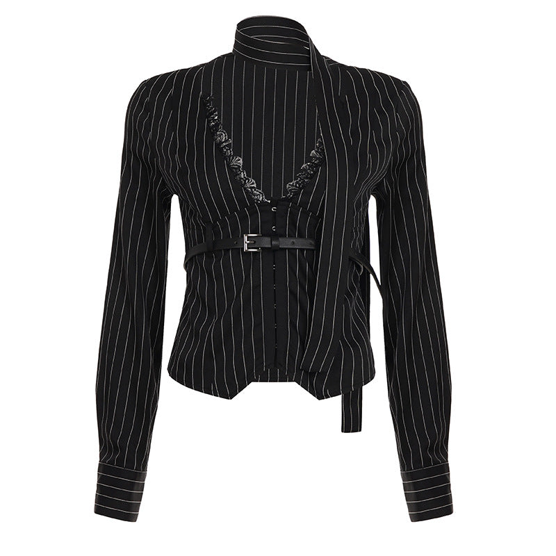Damen nan tailliertes Langarmshirt mit Twist‑V‑Ausschnitt, Hemdkragen und Nadelstreifen-Optik Shop Nory
