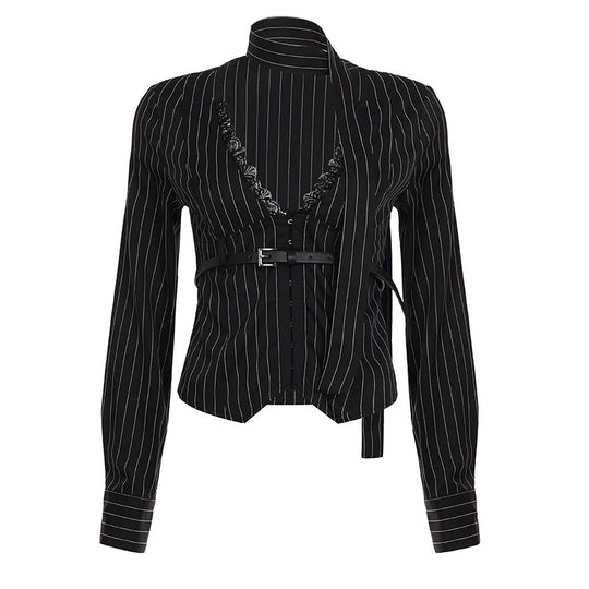 Damen nan tailliertes Langarmshirt mit Twist‑V‑Ausschnitt, Hemdkragen und Nadelstreifen-Optik Shop Nory