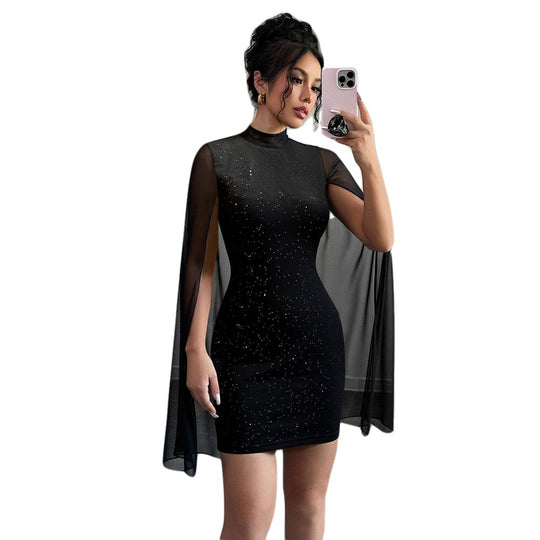 Damen figurbetontes Minikleid mit fließenden Cape-Ärmeln und funkelnder Punktverzierung Shop Nory