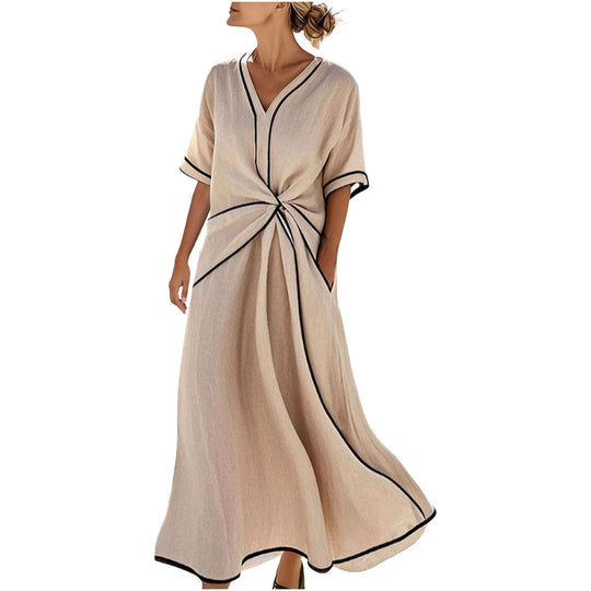 Damen Langes A-Linienkleid mit V‑Ausschnitt, Knoten-Detail und Kontrastpaspel Shop Nory