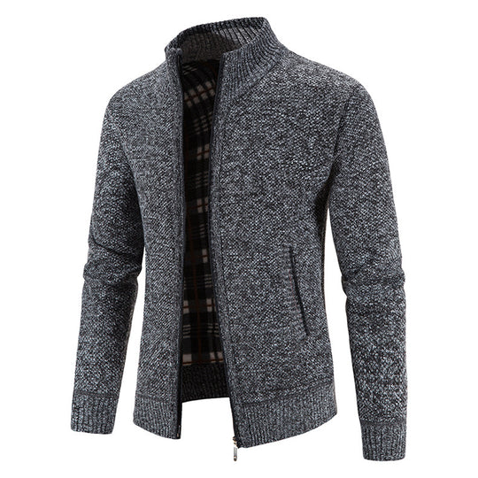 Herren Strickjacke mit durchgehendem Reißverschluss, Stehkragen und kariertem Futter Shop Nory