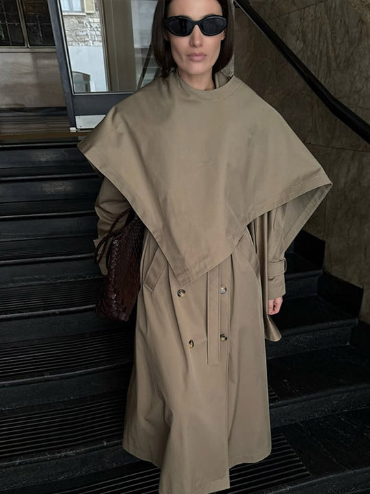 Damen Midilanger Trenchcoat mit ponchoartigem Cape-Überwurf & kastiger Silhouette Shop Nory