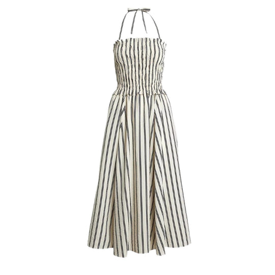Damen nan Midikleid mit gerafftem Smock-Oberteil, abnehmbarem Neckholder und Eingrifftaschen Shopnory