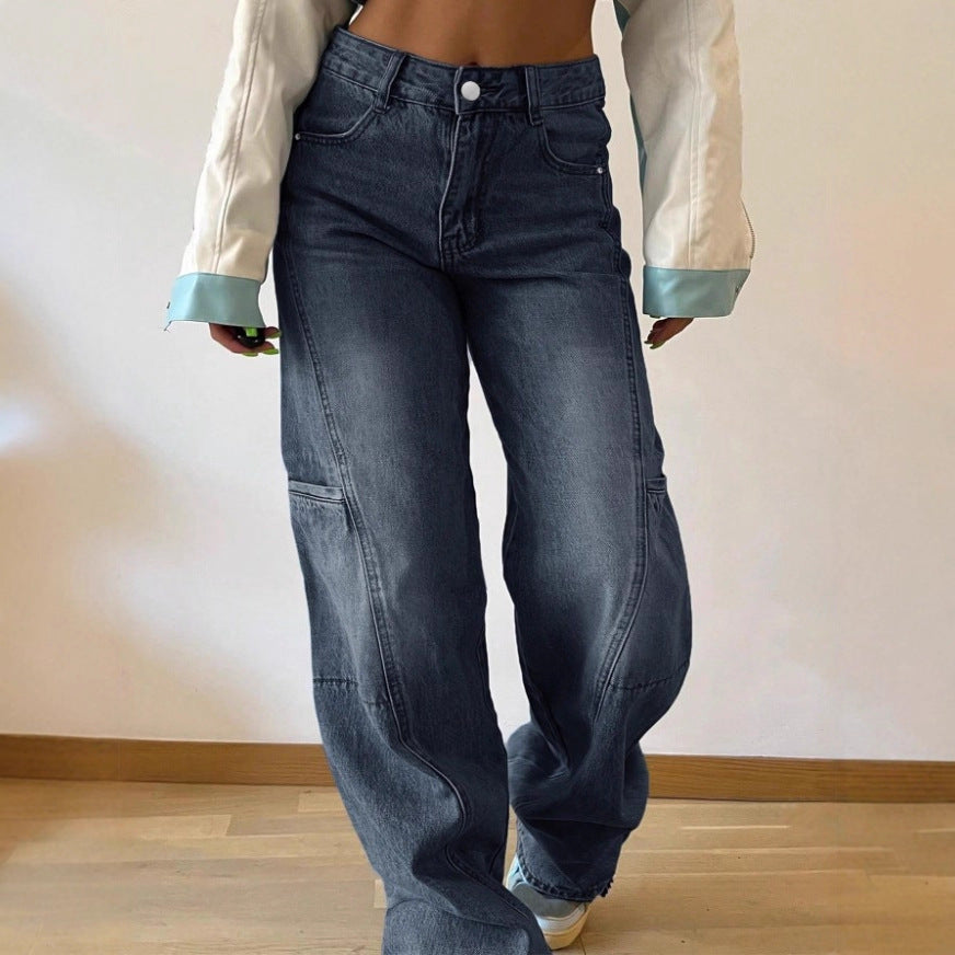 Damen High-Waist weite Cargo-Denimhose mit Nahtpaneelen und Baggy-Silhouette Shop Nory