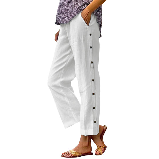 Damen Cropped Weitbeinige Knopf-Trim Leinen-Mischung Casual Hose Shop Nory