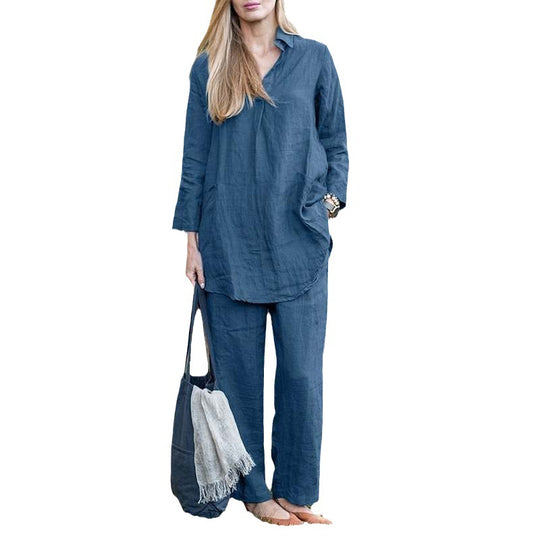 Damen Leinen-Loungewear-Set mit weitem Tunika-Hemd und lockerer Palazzo-Hose Shop Nory