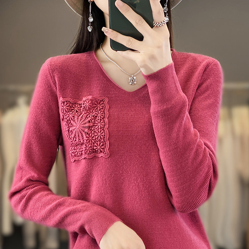 Damen Kaschmir‑Optik V‑Ausschnittpullover mit floraler Häkelapplikation Shop Nory