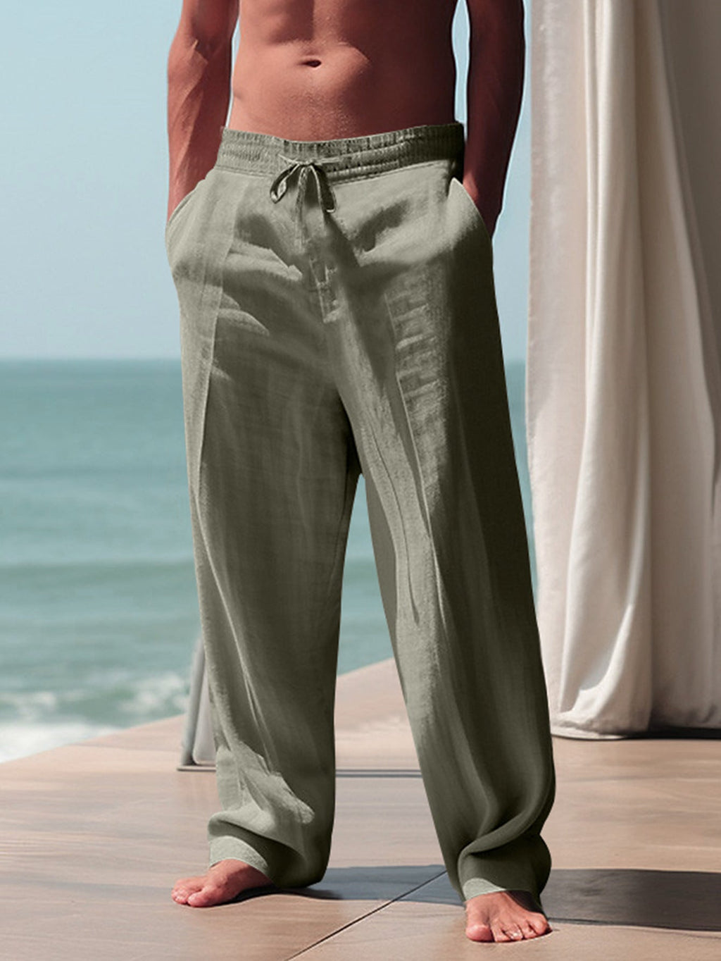 Herren Bequeme Leinenhose mit elastischem Bund und seitlichen Taschen ShopNory