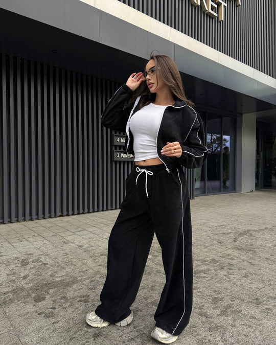 Damen Gekürztes Zip-Fleece-Set mit tailliertem Kordelbund und weitem Hosenbein Shop Nory