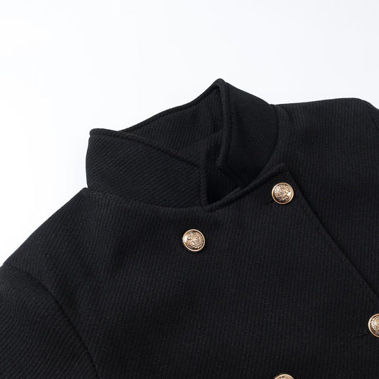 Damen langes doppeltreiher Wollmantel mit Stehkragen und goldenen Zierknöpfen Shop Nory