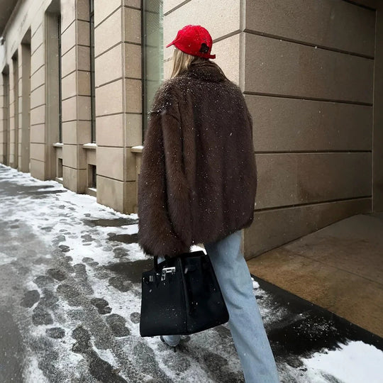 Damen Kurz geschnittener Faux‑Fur‑Mantel mit Boxy‑Silhouette und Stehkragen Shop Nory