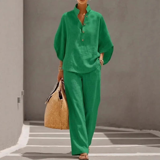 Damen Lockeres Leinenoptik-Zweiteiler mit Stehkragenbluse und weitem Palazzo-Hose Shop Nory