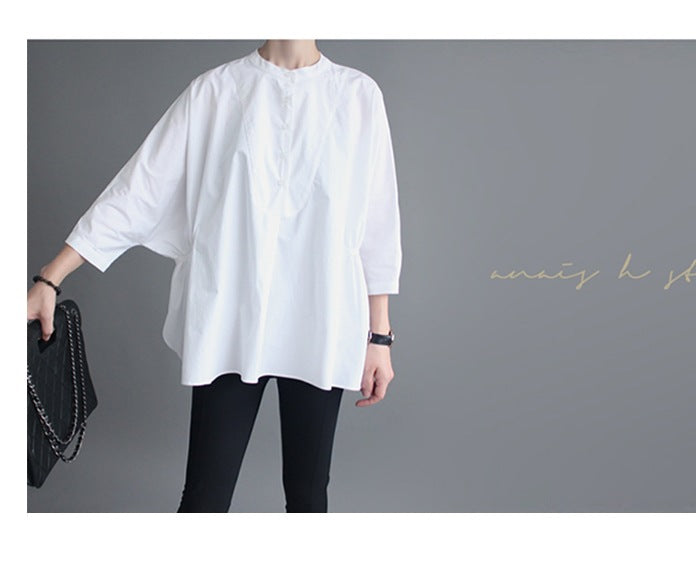Damen Oversized-Bluse mit Stehkragen, ballonförmiger Silhouette und 3/4-Ärmeln Shop Nory