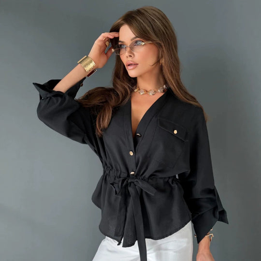 Damen Taillierte Hemdbluse mit Tunnelzug, V-Ausschnitt und goldenen Druckknöpfen Shop Nory