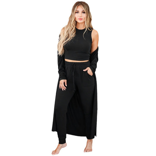Damen Dreiteiliges Lounge-Set aus weichem Viskosemix mit Longcardigan, Crop-Top und Jogginghose Shop Nory