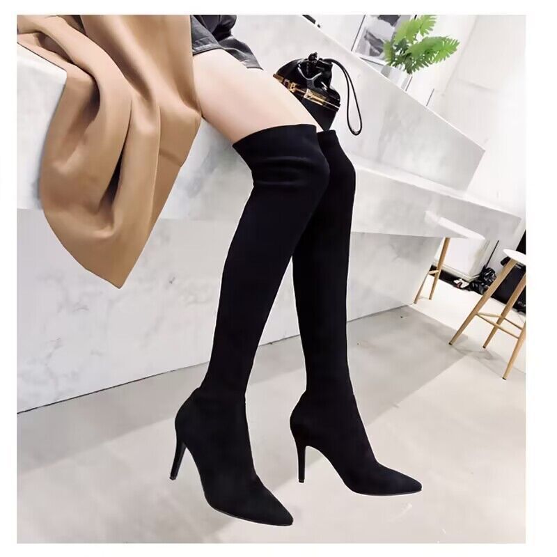 Damen Oberschenkelhohe Stretch-Stiefel mit spitzer Zehenform und geformtem Stiletto-Absatz Shop Nory