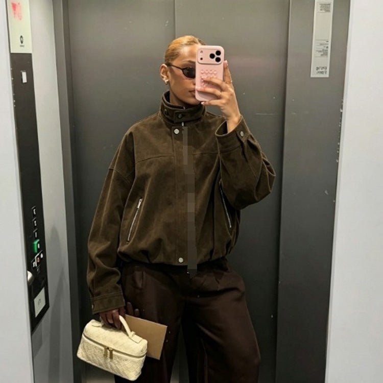 Damen Boxy-Suede-Bomberjacke mit hohem Stehkragen und elastischem Saum Shop Nory