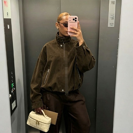 Damen Boxy-Suede-Bomberjacke mit hohem Stehkragen und elastischem Saum Shop Nory