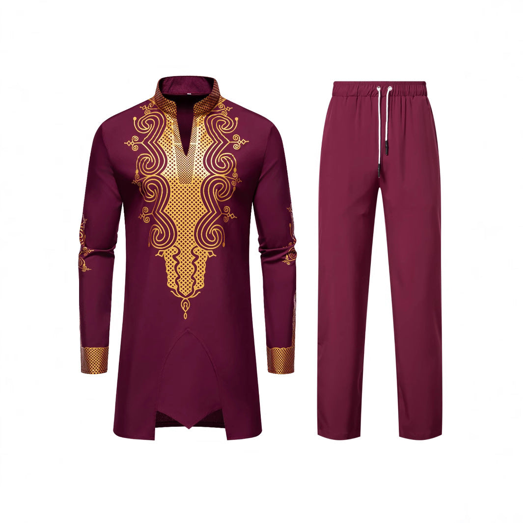 Herren Traditionelles besticktes Tunika‑Set mit Mandarinkragen und elastischer Hose Shop Nory
