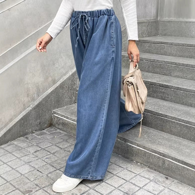 Damen Relaxte Palazzohose aus Denim mit Tunnelzugbund, Eingrifftaschen und extra weitem Bein Shop Nory